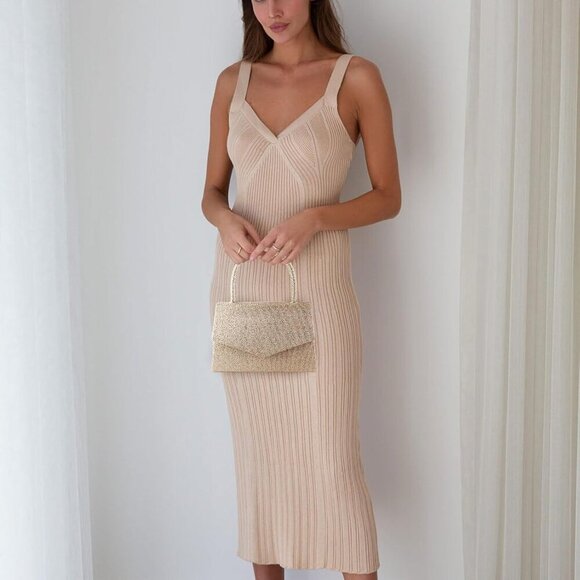 🆕 Women's Champagne Evening Clutch Purse Envelope Handbag Detachable Chain - Picture 5 of 7